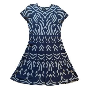 ICE Womens Large Navy Blue Grey Geometric Artsy Knit Fit & Flare Boho Dress